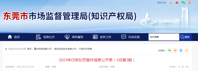 廣東省東莞市市場(chǎng)監(jiān)管局公開(kāi)2023年行政處罰案件信息(3月第3期)